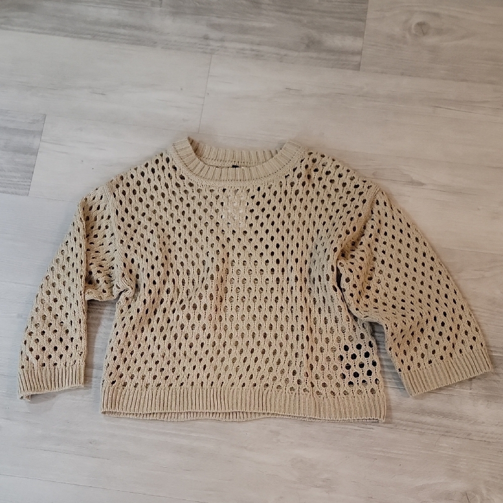 H&M Tan Crew Neck Sweater with Open-Knit Design